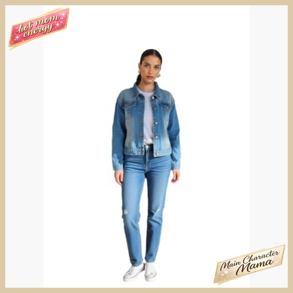 Cropped Denim Jacket Classic Collared Button Down… - image 2